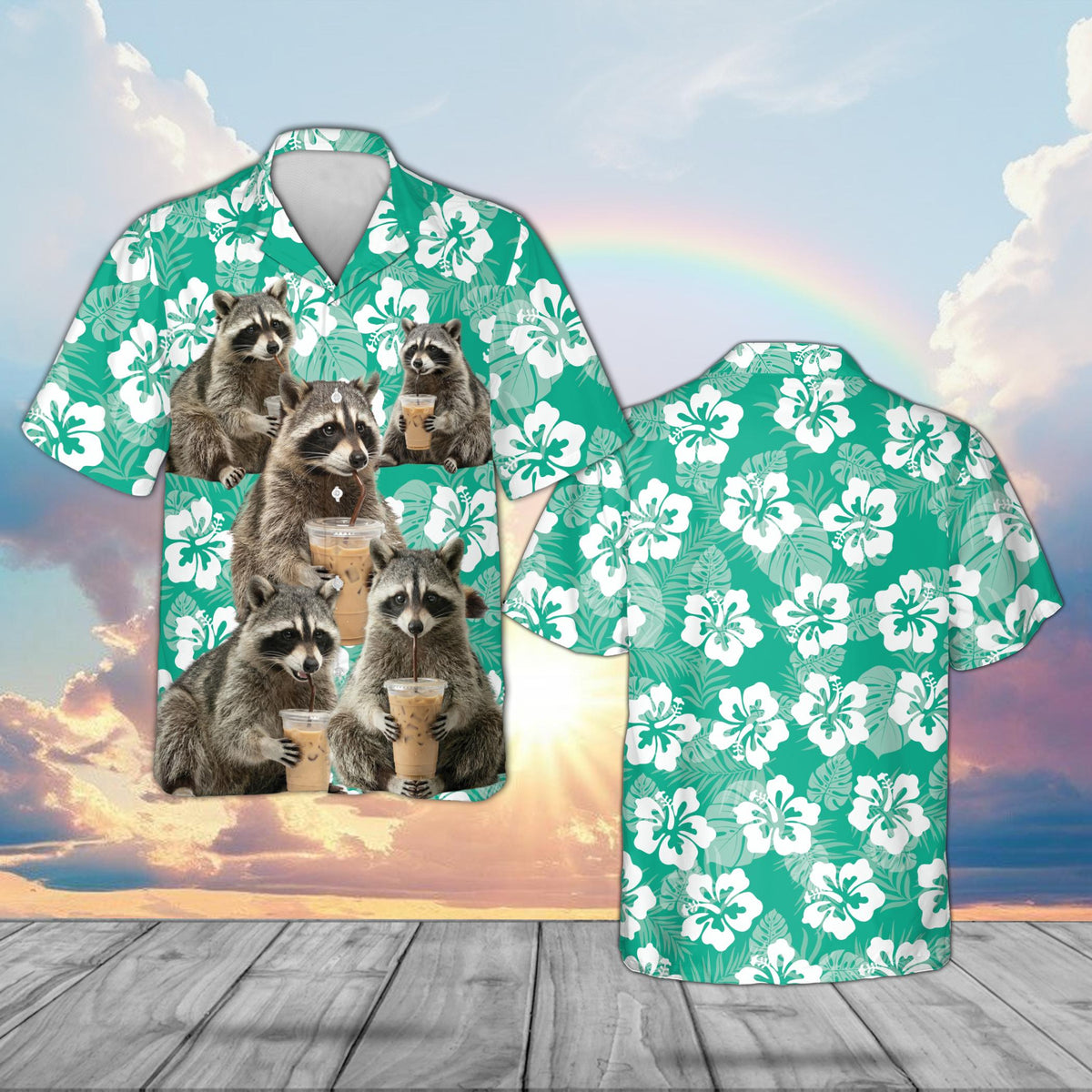 Teal tropical hawaiian shirt with raccoon design, front view