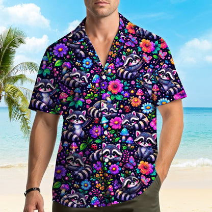 Back view of the floral hawaiian shirt with trippy raccoons on a navy background