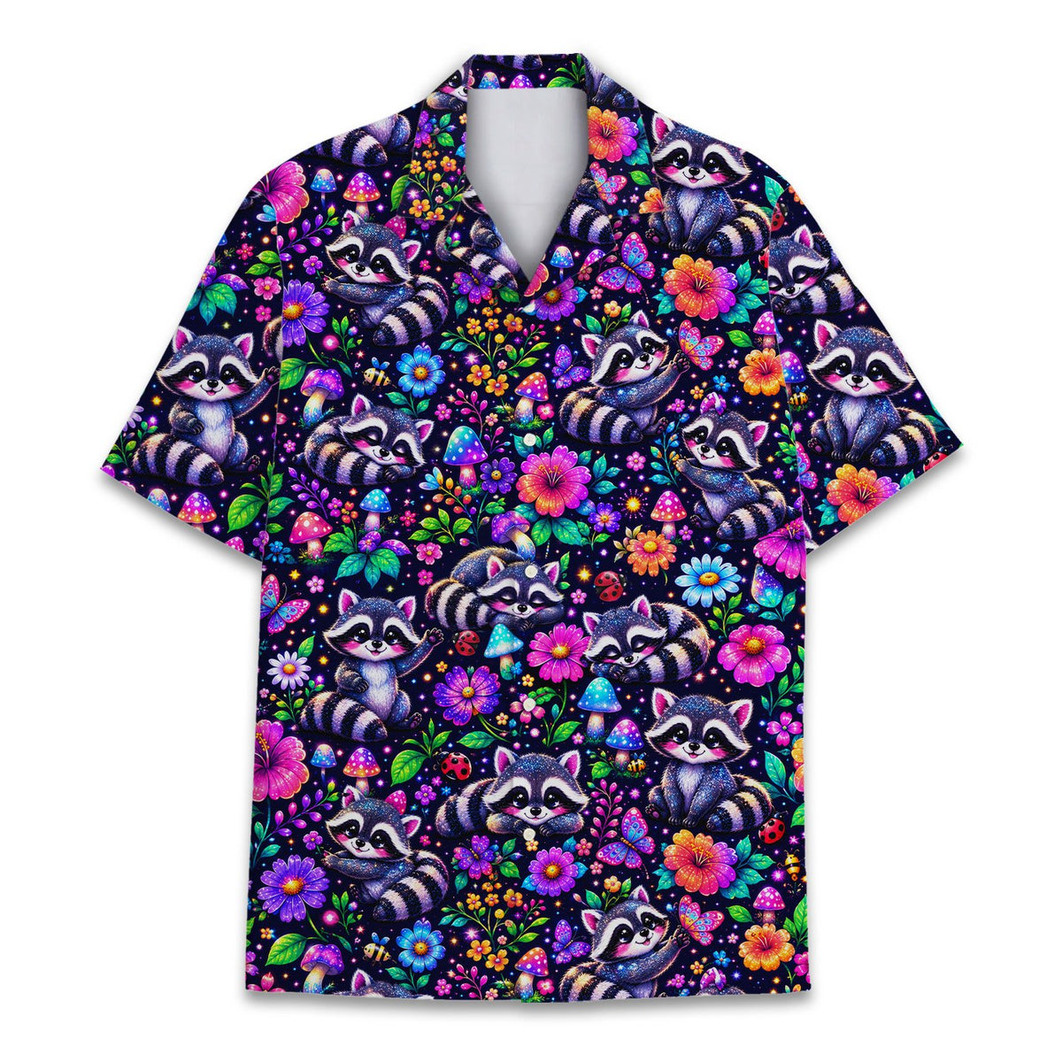 Front view of the floral hawaiian shirt with trippy raccoons on a navy background