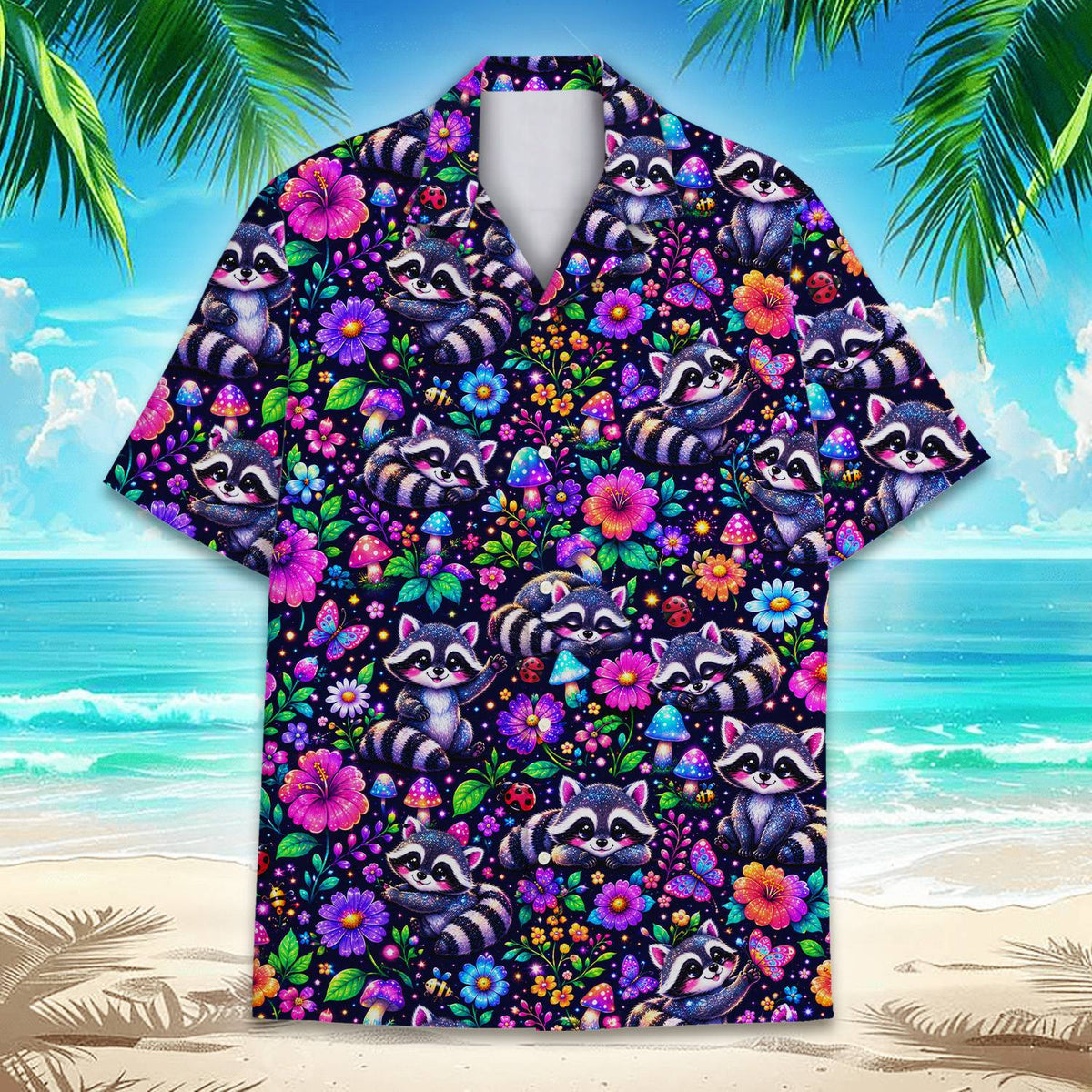 Second lifestyle view of a person wearing the trippy raccoon hawaiian shirt