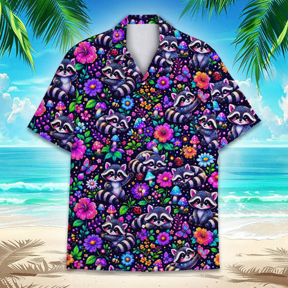 Second lifestyle view of a person wearing the trippy raccoon hawaiian shirt
