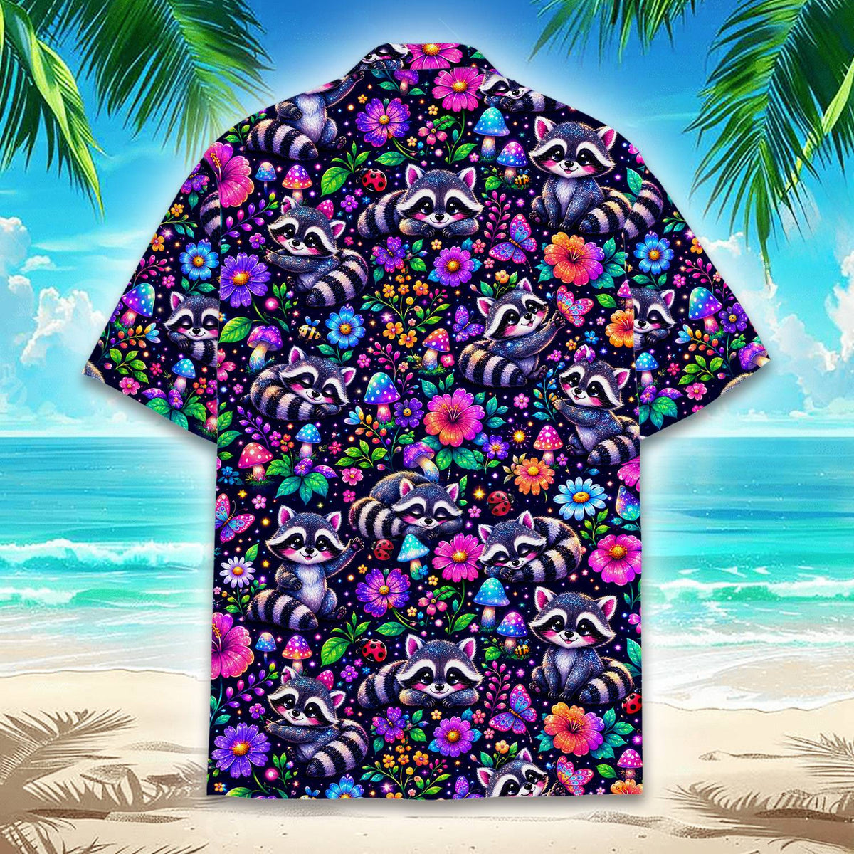 Third lifestyle view showing the floral and mushroom details on the shirt