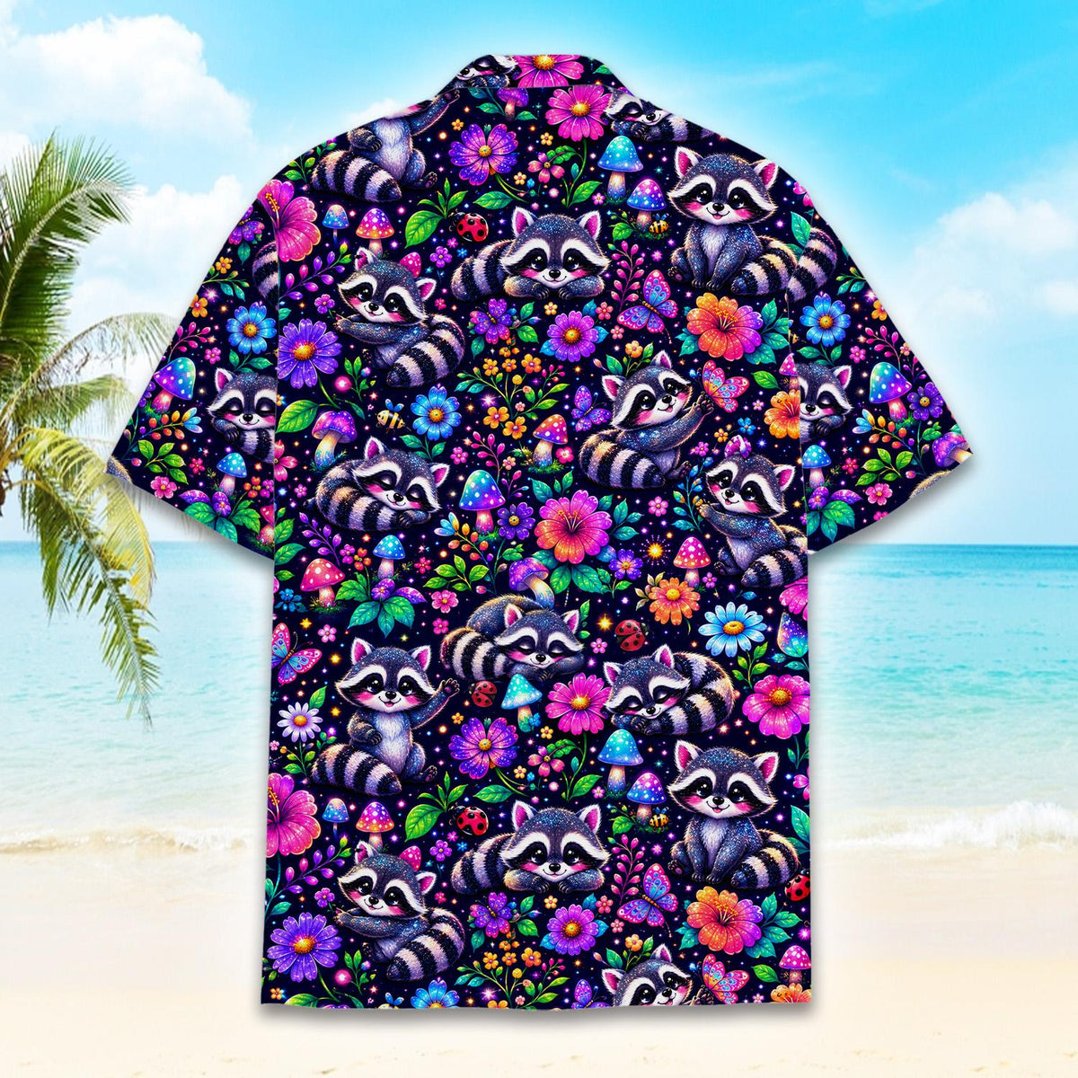 Fourth lifestyle view showing a family wearing matching trippy raccoon shirts