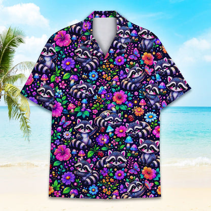 Lifestyle view of a person wearing the trippy raccoon matching family hawaiian shirt