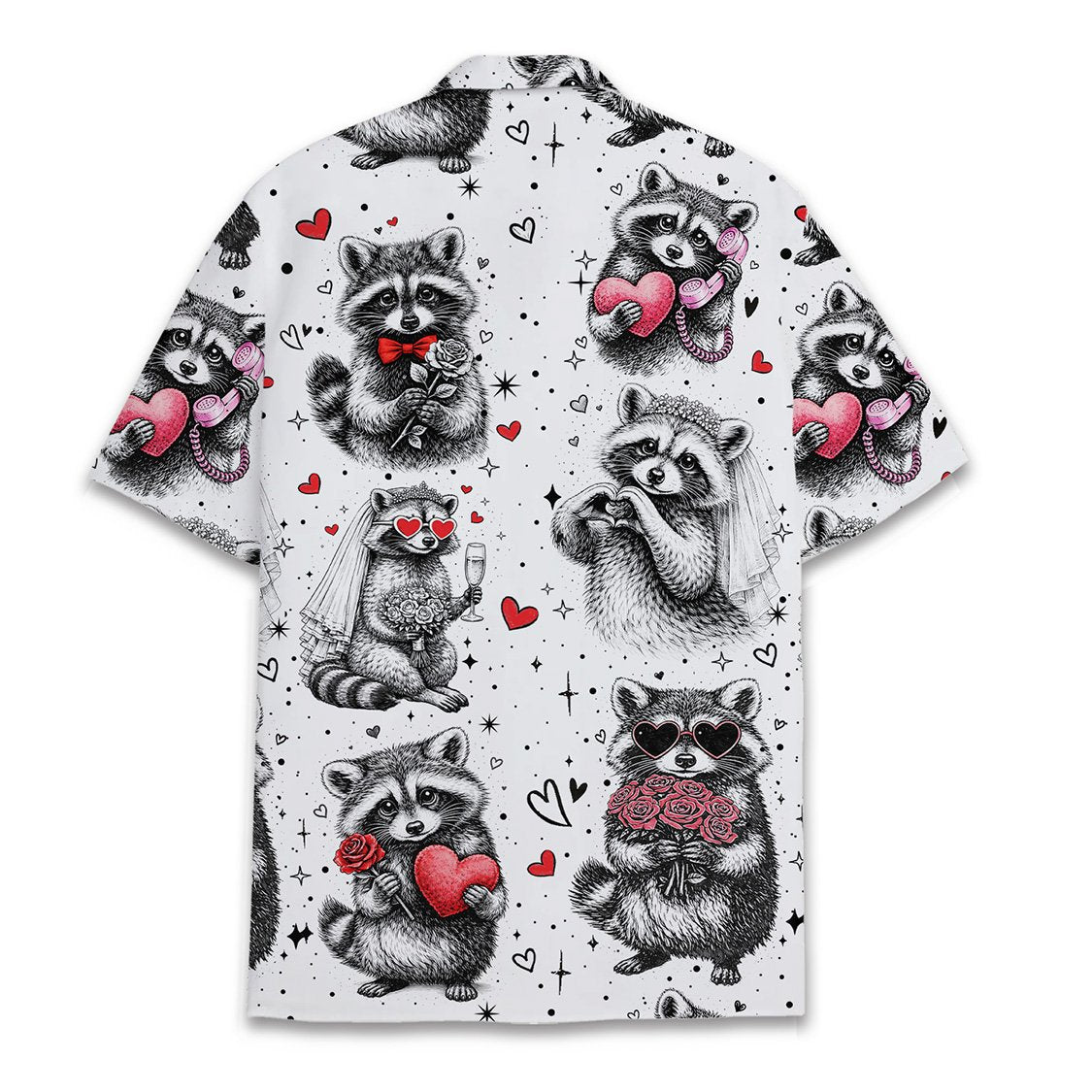 Close-up back view of the white Hawaiian shirt with sketched raccoons and pink accents