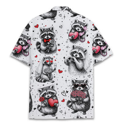 Close-up back view of the white Hawaiian shirt with sketched raccoons and pink accents