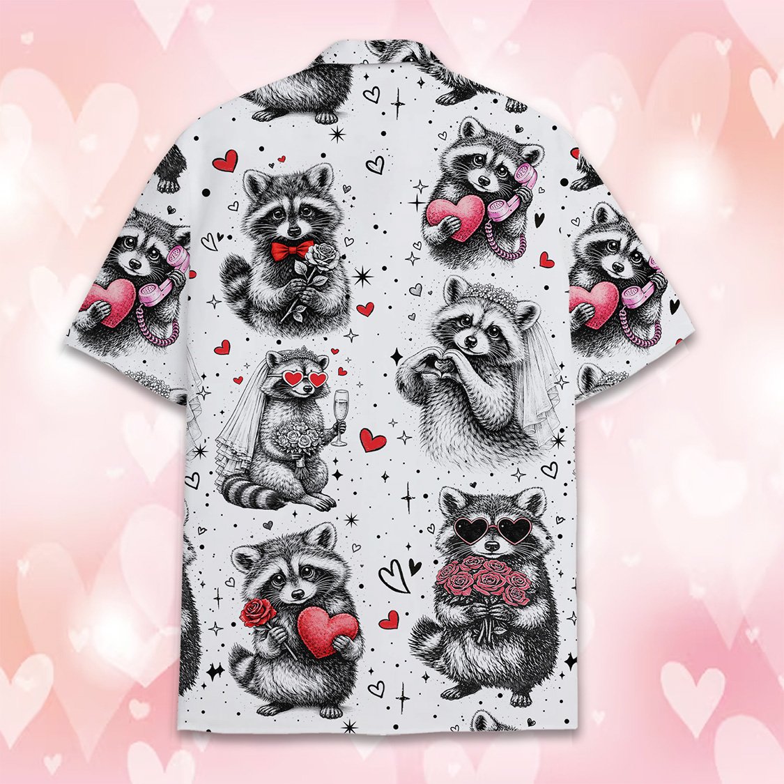 Back view of the raccoons Valentine's Day romance Hawaiian shirt showing the all-over print