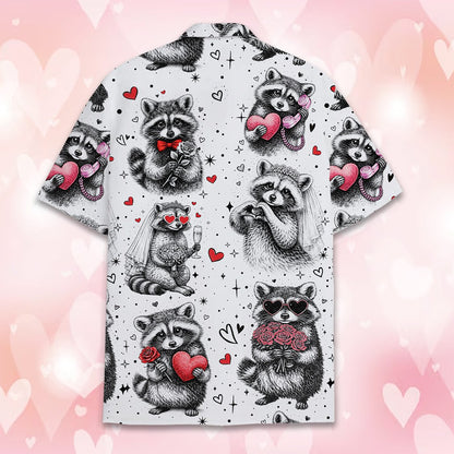 Back view of the raccoons Valentine's Day romance Hawaiian shirt showing the all-over print