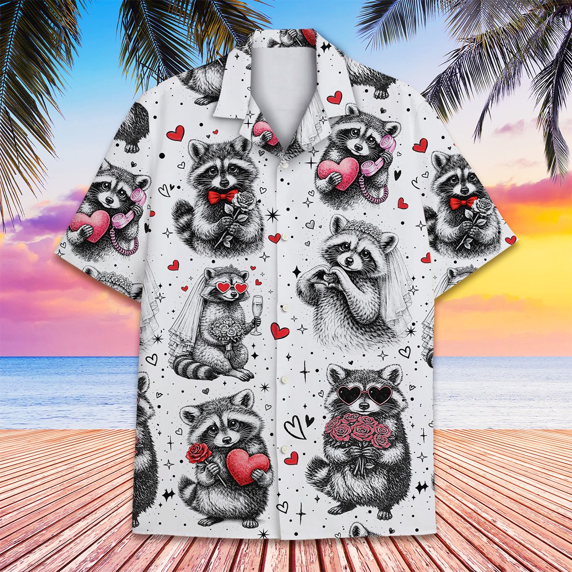 Close-up front view of the white Hawaiian shirt highlighting raccoons holding hearts and telephones