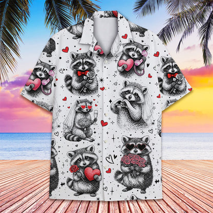 Close-up front view of the white Hawaiian shirt highlighting raccoons holding hearts and telephones
