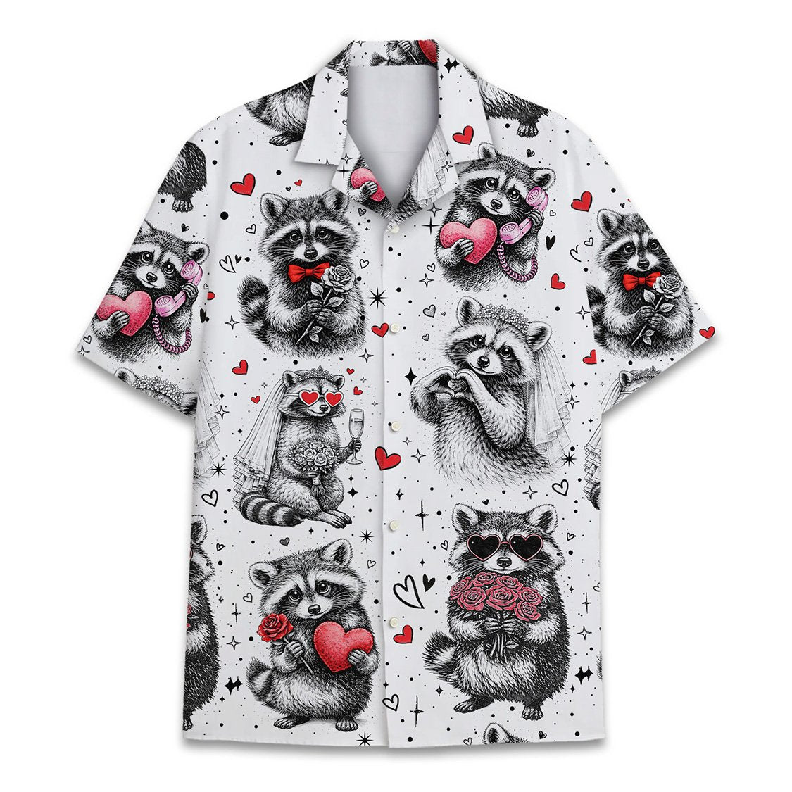 Another front view showing the button-down style of the raccoons Valentine's Day Hawaiian shirt