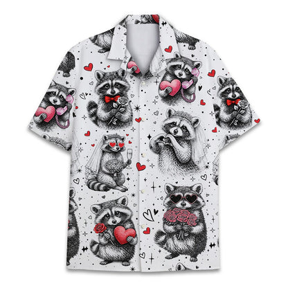Another front view showing the button-down style of the raccoons Valentine's Day Hawaiian shirt