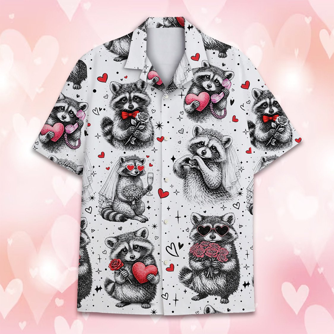 White raccoons Valentine's Day romance Hawaiian shirt featuring sketched raccoons and red hearts, main view