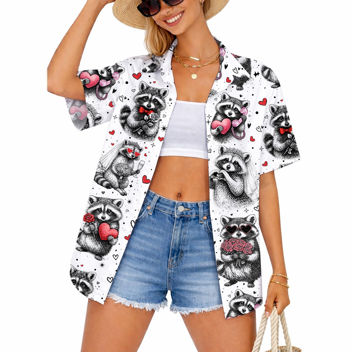 Lifestyle view of a person wearing the raccoons Valentine's Day romance Hawaiian shirt