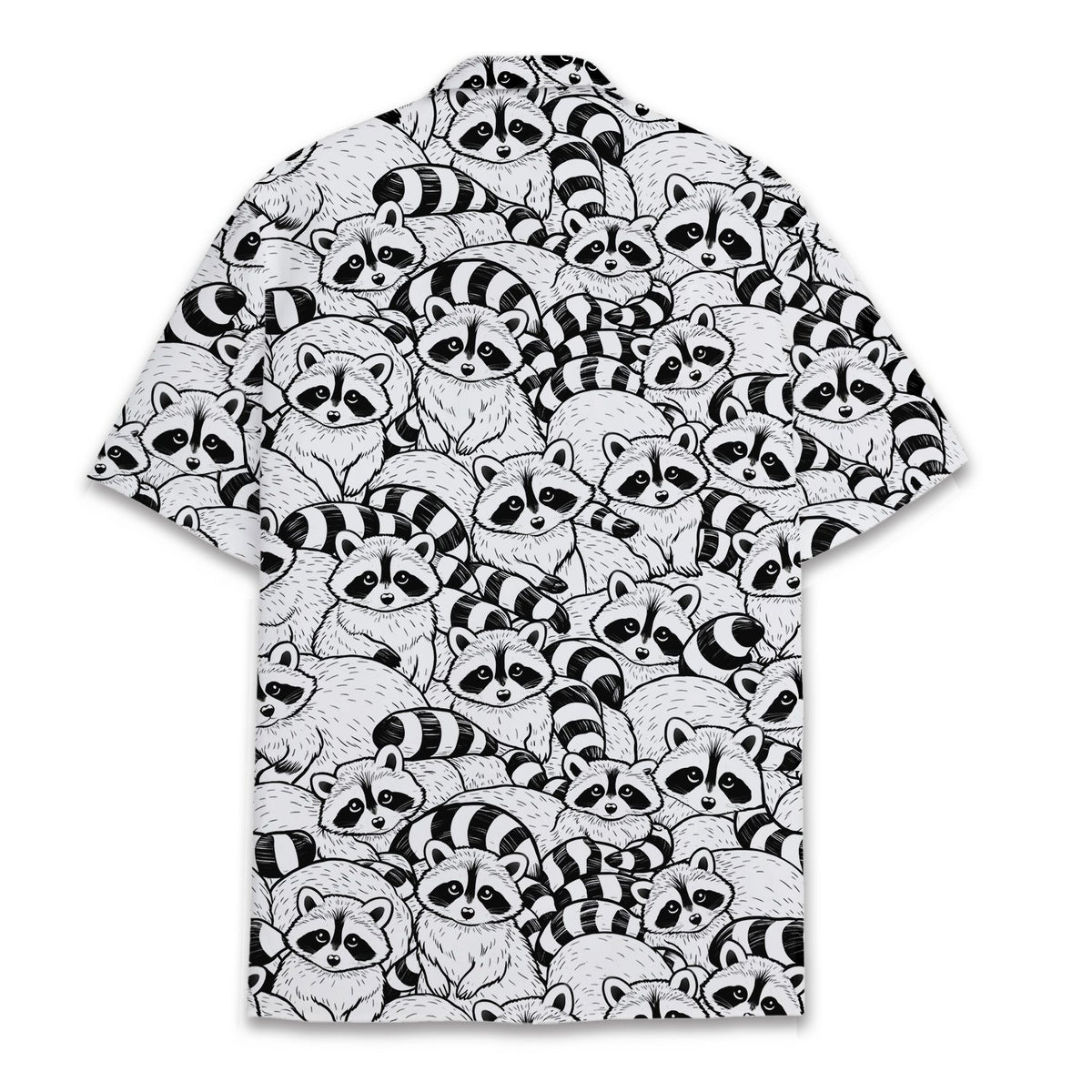Back view of the black raccoons hawaiian shirt showing the repeating pattern.