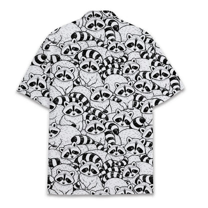 Back view of the black raccoons hawaiian shirt showing the repeating pattern.