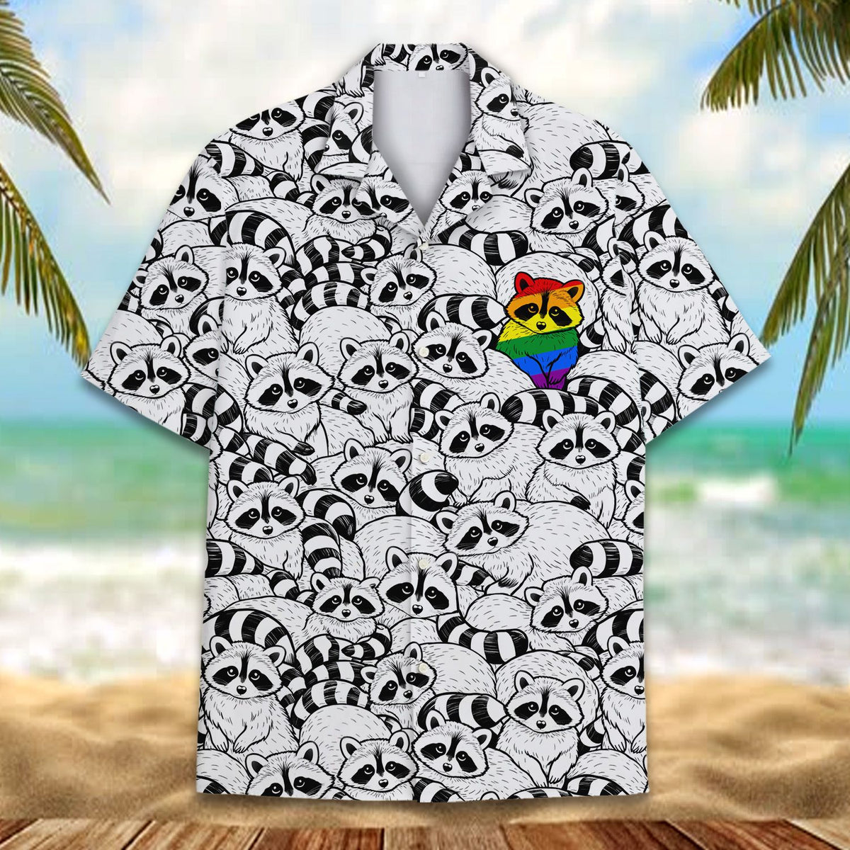Another front view of the black and white raccoon pattern hawaiian shirt.