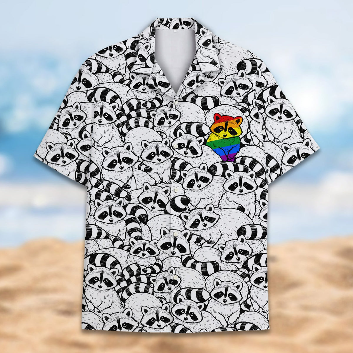 Detailed front view of the black raccoons hawaiian shirt.