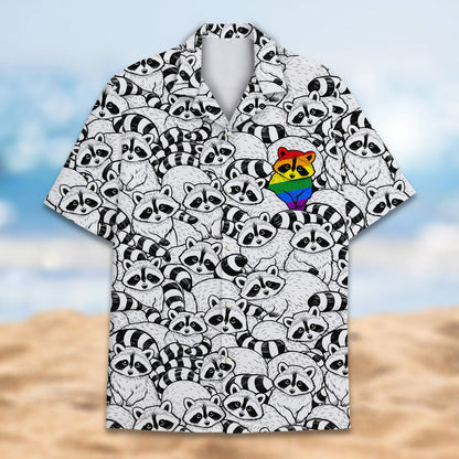 Detailed front view of the black raccoons hawaiian shirt.