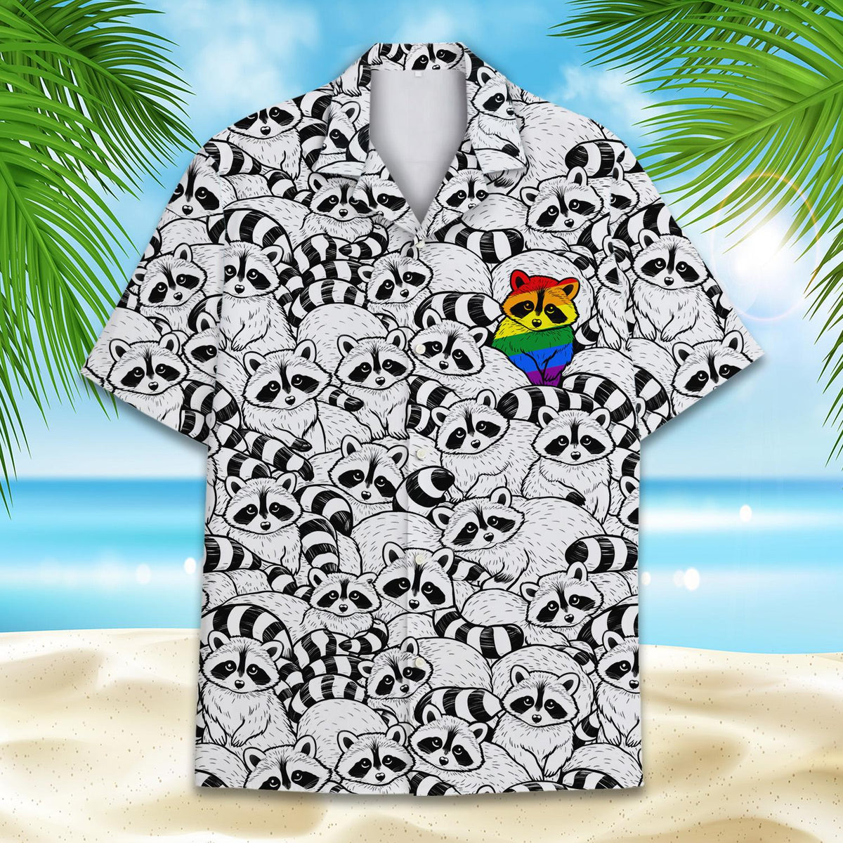 Close-up front view of the raccoon pattern hawaiian shirt.