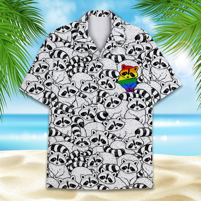 Close-up front view of the raccoon pattern hawaiian shirt.