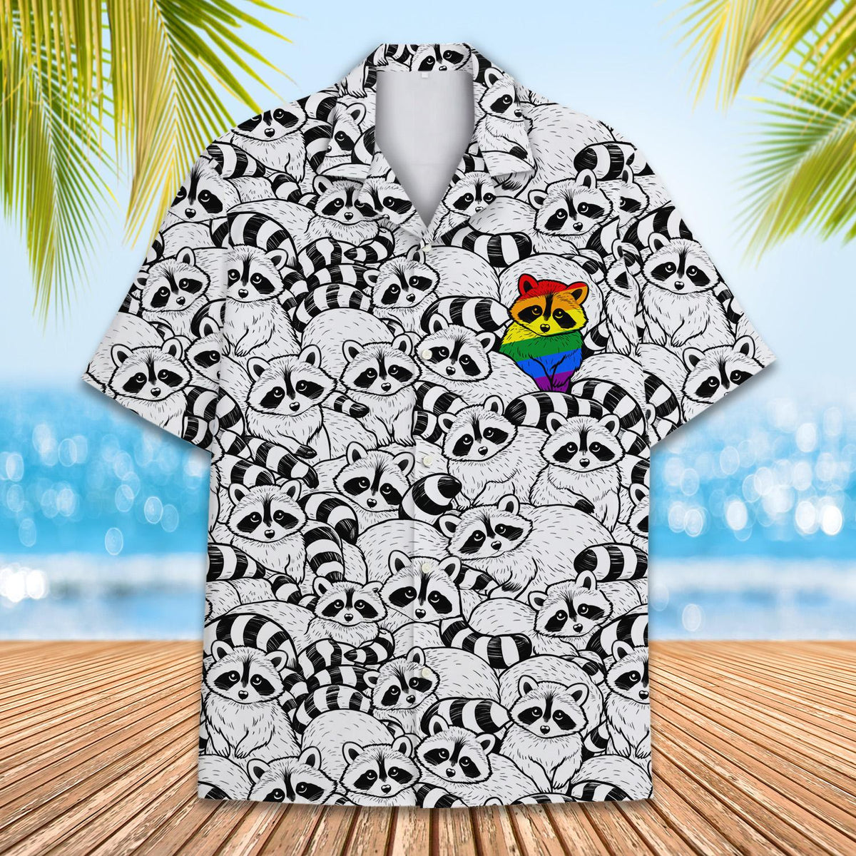 Alternate front view of the raccoons hawaiian shirt.