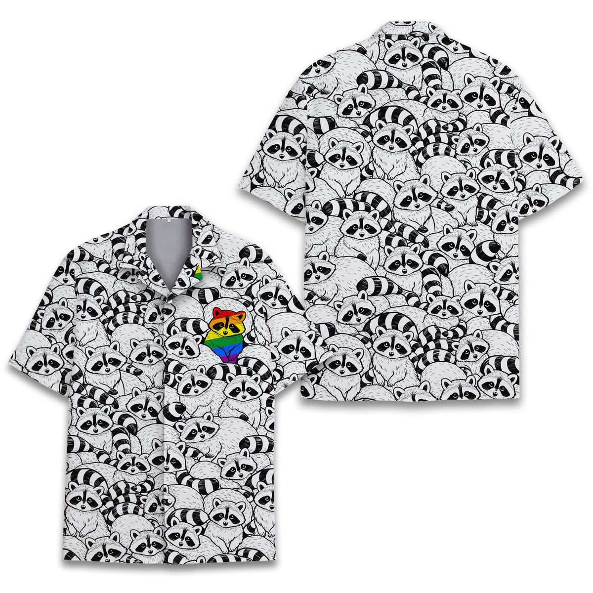 Front view of the black raccoons hawaiian shirt showing the unique raccoon pattern.