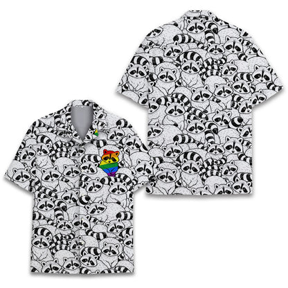 Front view of the black raccoons hawaiian shirt showing the unique raccoon pattern.