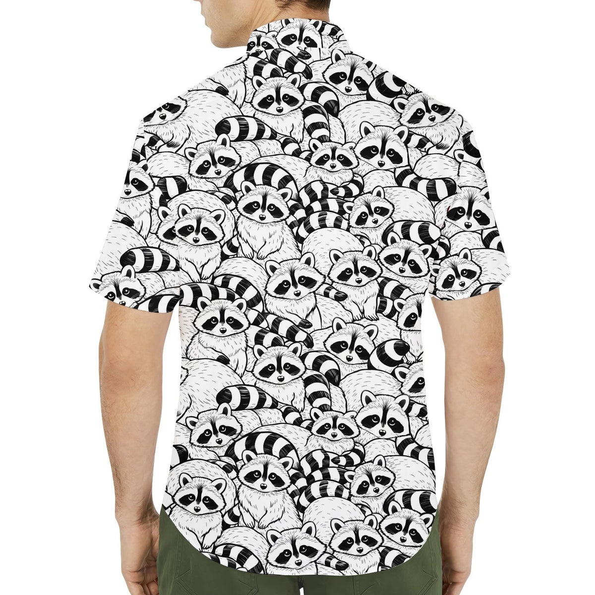 Another lifestyle view featuring the black raccoons hawaiian shirt.