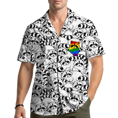Lifestyle image of the matching family hawaiian shirts with raccoons design.