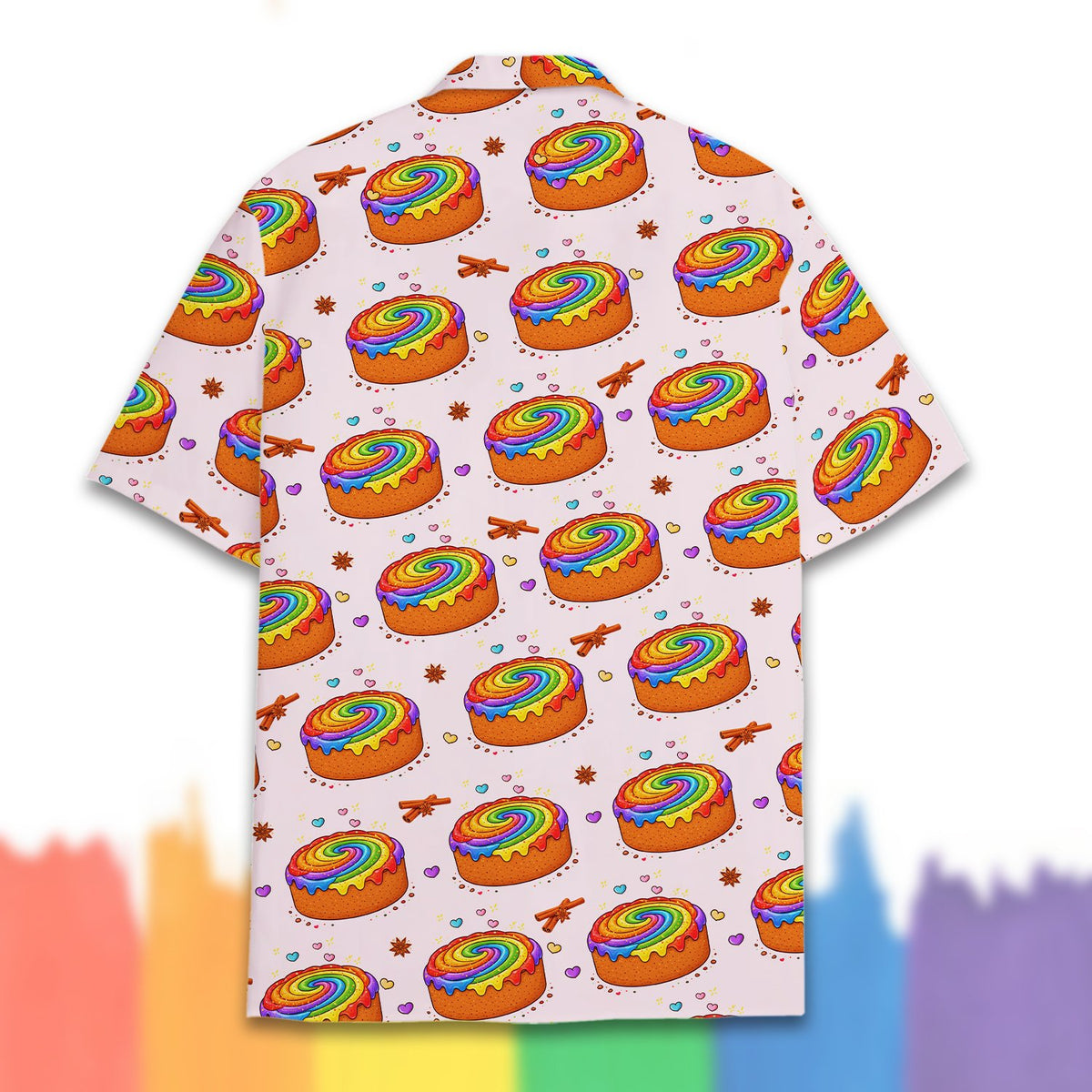 Detailed back view of the cinnamon rolls print shirt
