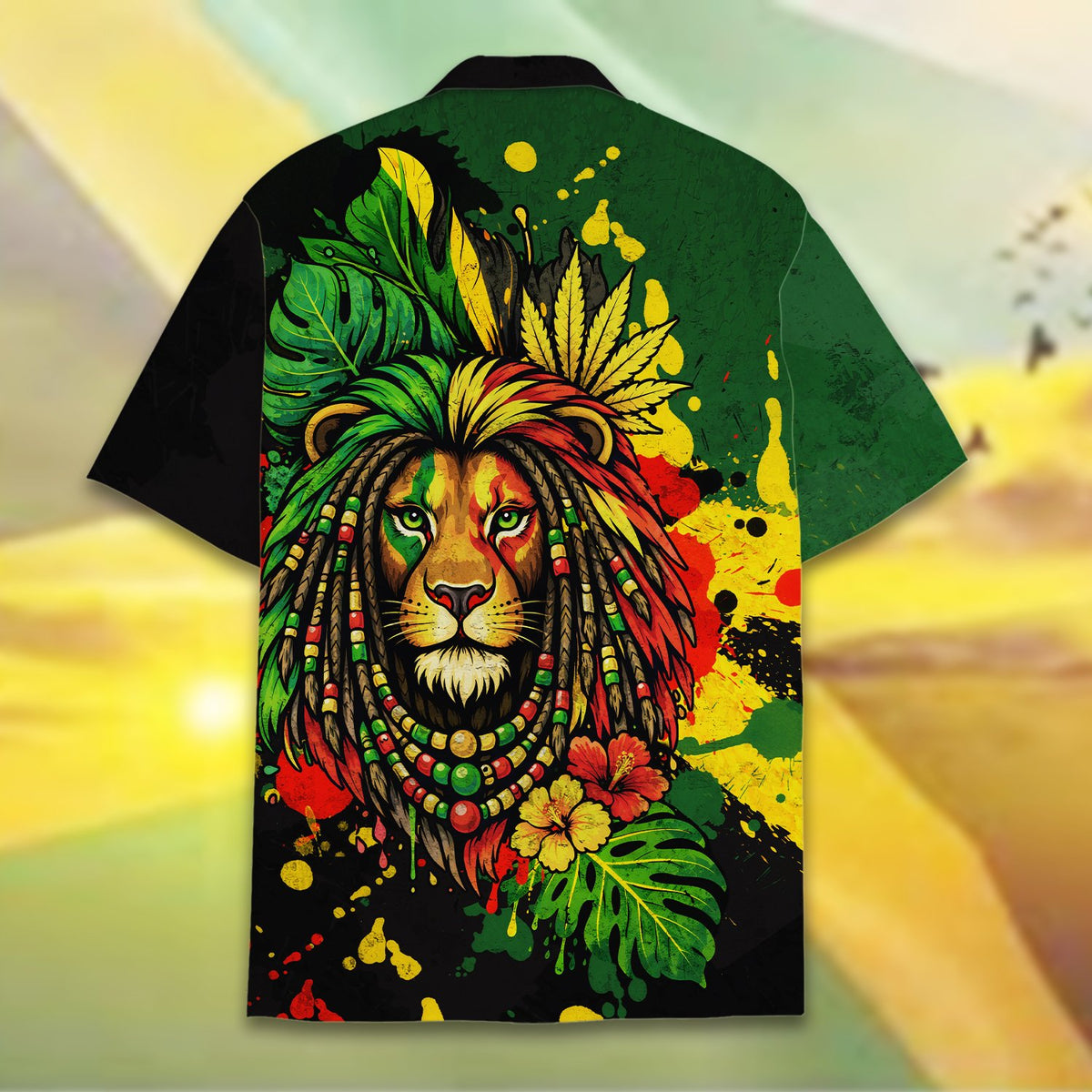 Vibrant green rasta hawaiian shirt with lion design, back view alternate