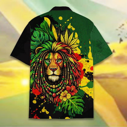 Vibrant green rasta hawaiian shirt with lion design, back view alternate
