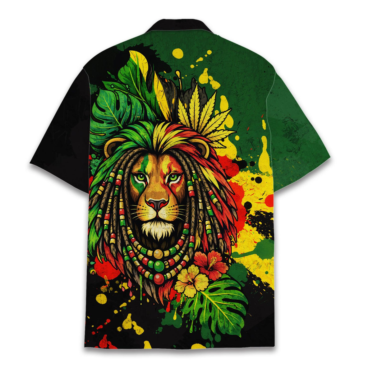 Vibrant green rasta hawaiian shirt with lion design, back view