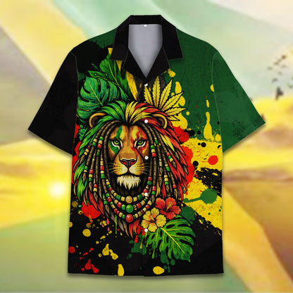 Vibrant green rasta hawaiian shirt with lion design, main view