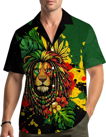 Lifestyle view of someone wearing the green rasta hawaiian shirt with lion design