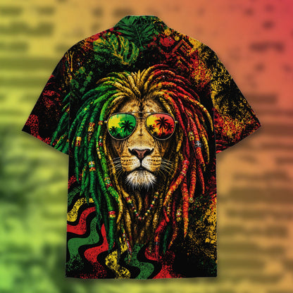 Detailed back view of the reggae lion hawaiian shirt
