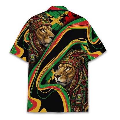 Back view of the reggae hawaiian shirt featuring a distressed Jamaican flag