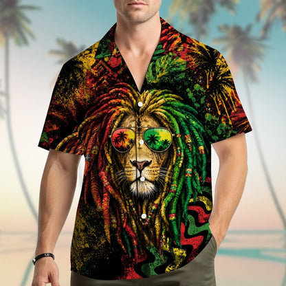 Front detail view of the reggae lion hawaiian shirt with abstract patterns
