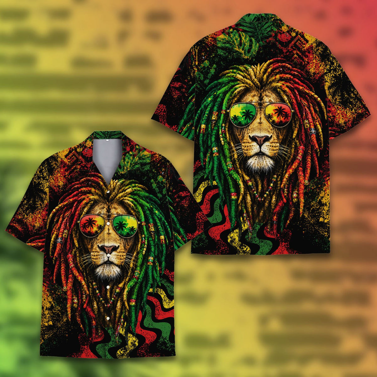 Close up front view of the reggae lion hawaiian shirt
