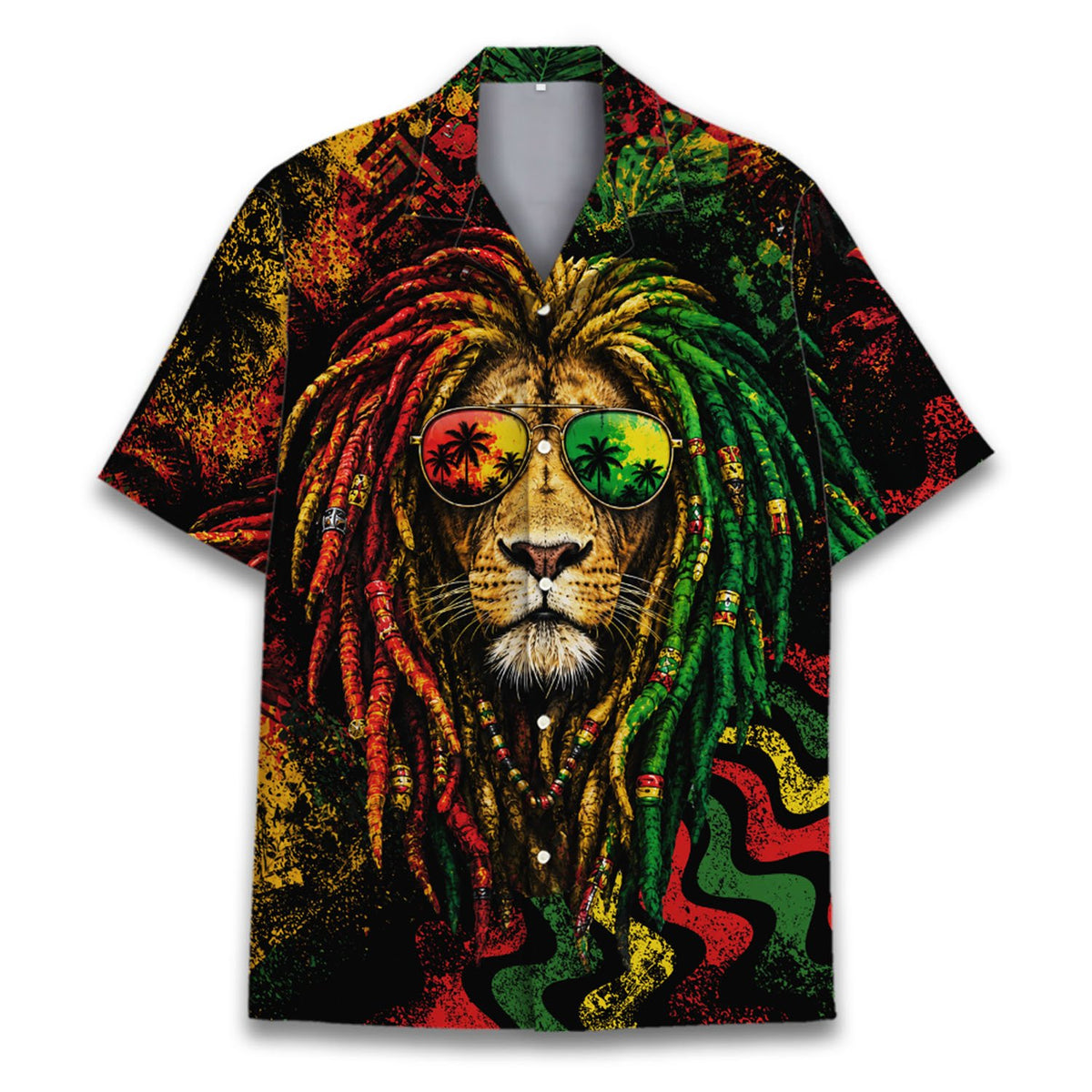Full front view of the black reggae hawaiian shirt