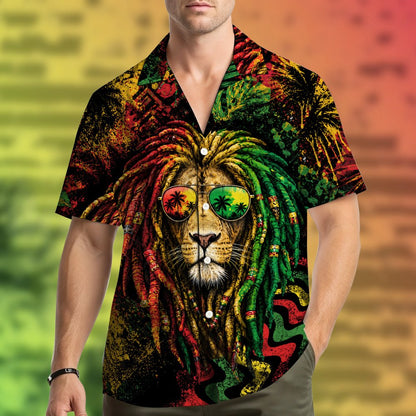 Front view of the black reggae hawaiian shirt displaying the vibrant lion graphic