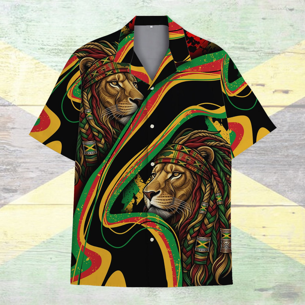 Reggae/lion hawaiian shirt front view with dreadlock lion design