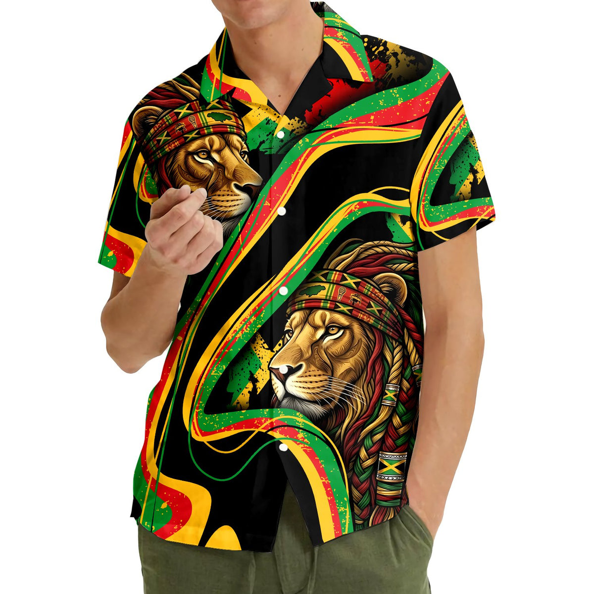 Third lifestyle view showcasing the reggae lion design outdoors