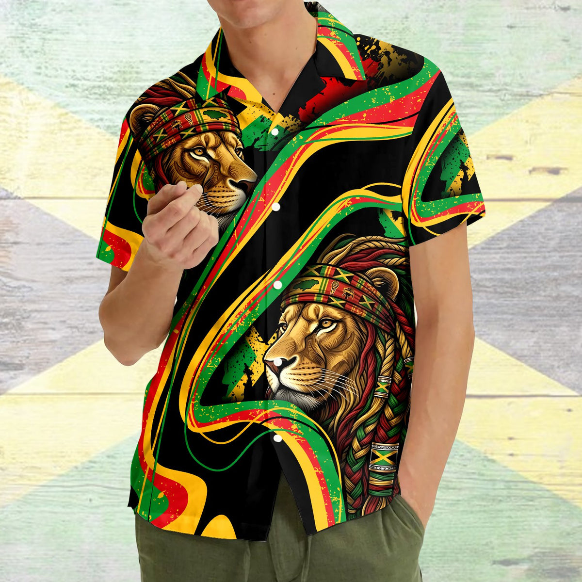 Fourth lifestyle view of the black reggae hawaiian shirt