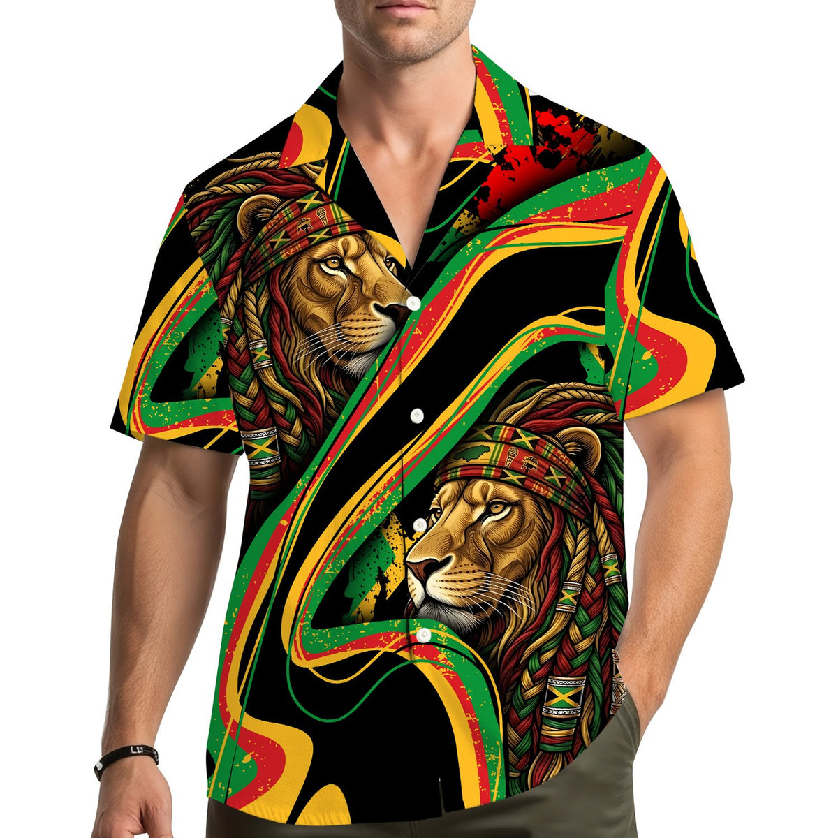 Lifestyle view of an adult wearing the reggae/lion hawaiian shirt