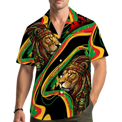 Lifestyle view of an adult wearing the reggae/lion hawaiian shirt