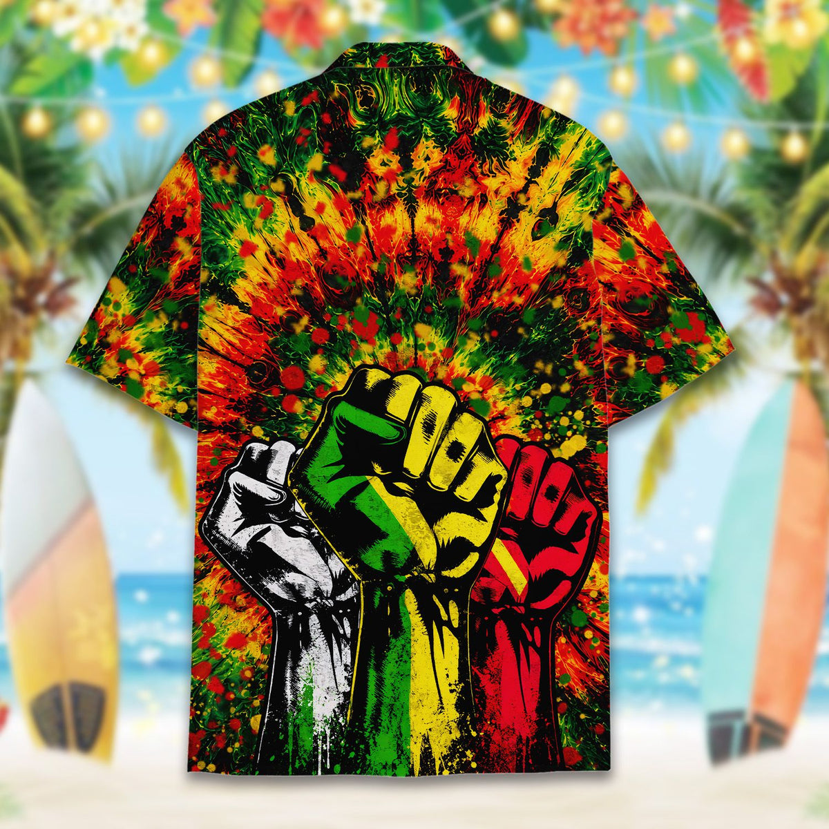 Alternate back view showing the bold red, yellow, and green abstract pattern