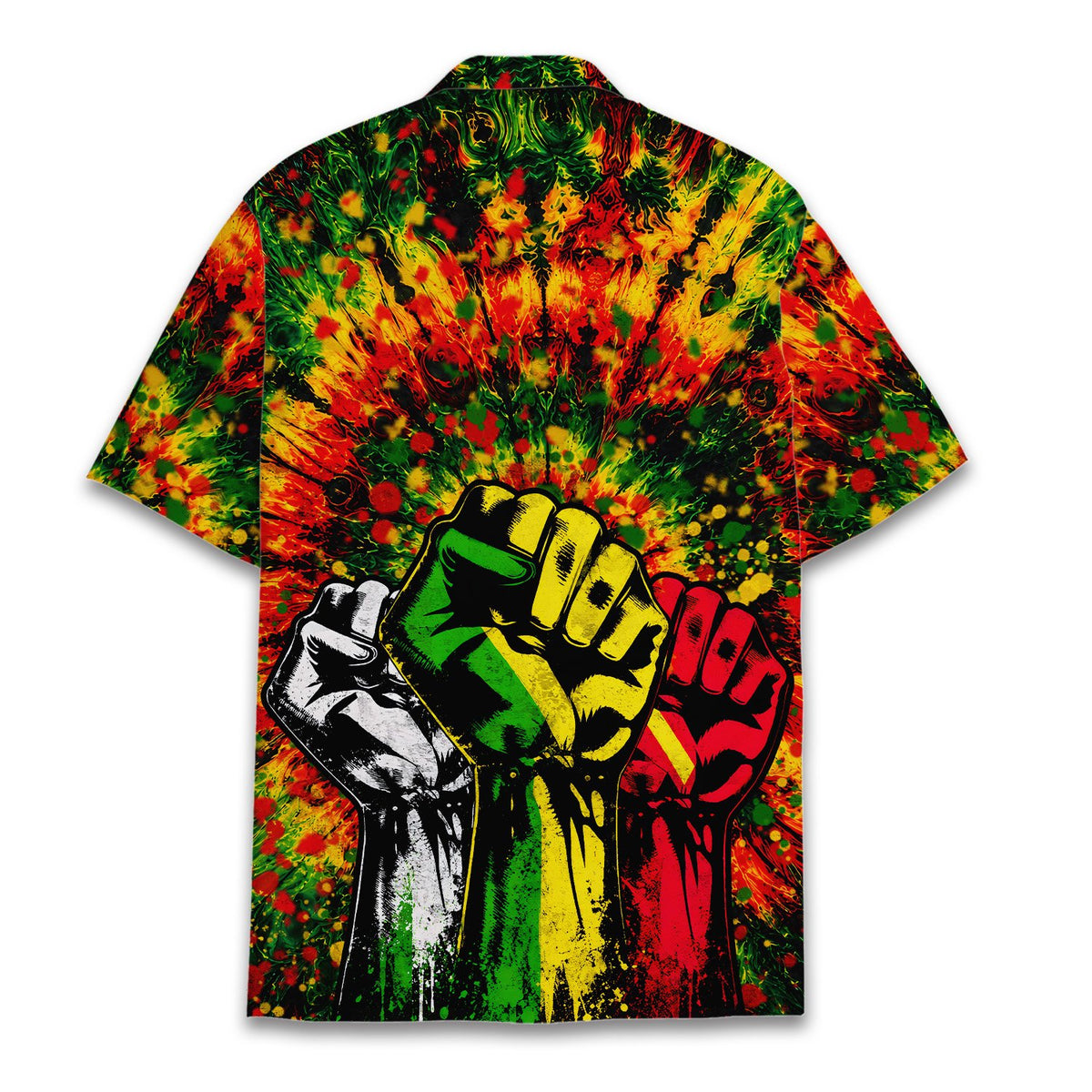 Back view of the vibrant reggae/rasta hawaiian shirt with raised fists