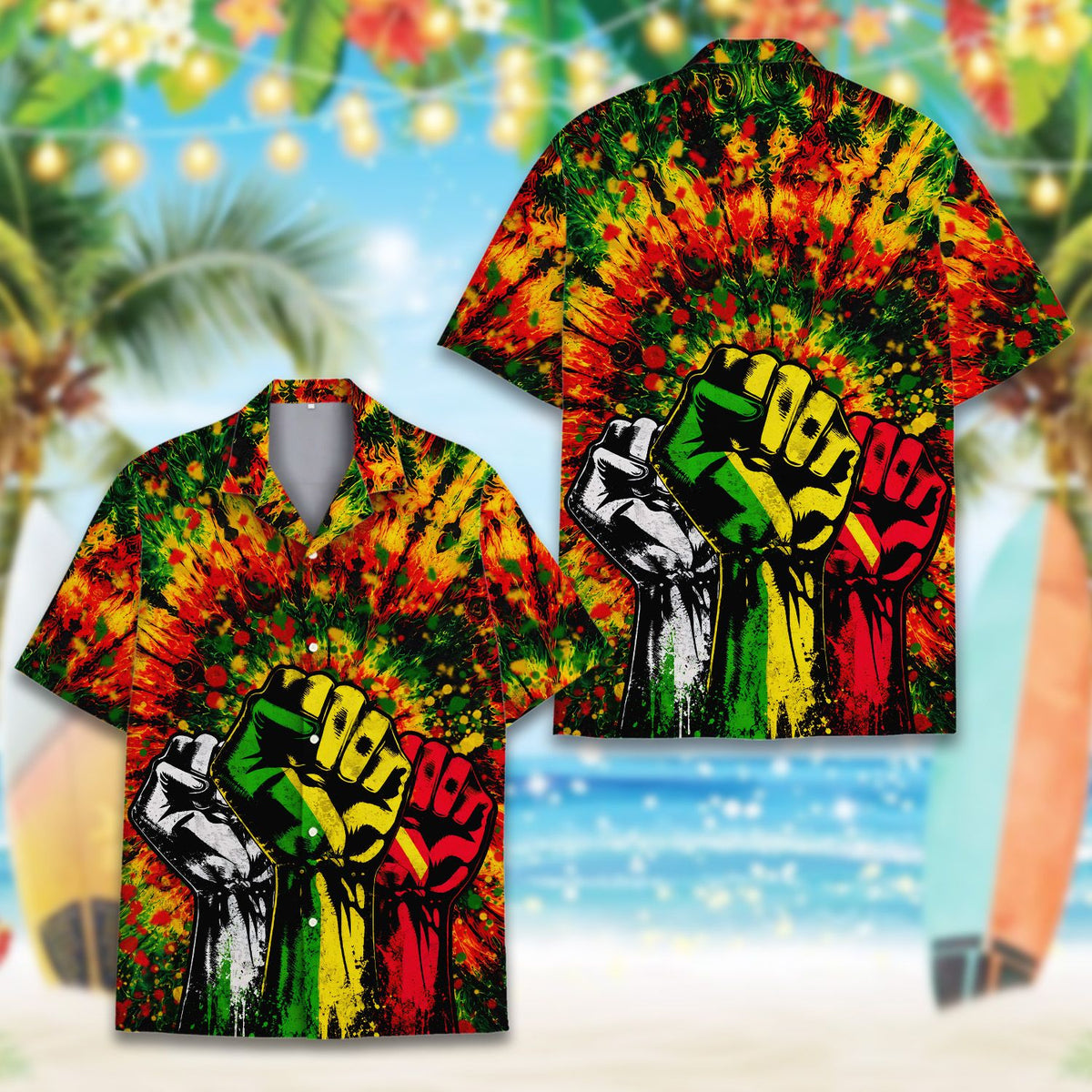 Close-up front view of the red, yellow, and green reggae hawaiian shirt